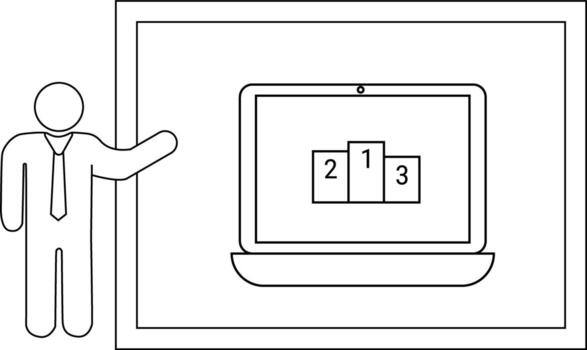 A stick figure presenting a laptop display with a podium showing 1st 2nd and 3rd place vector