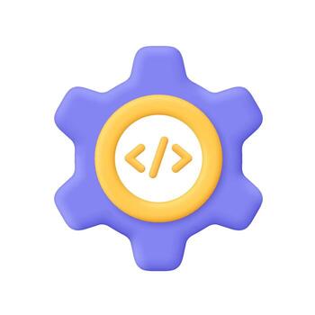 Purple gear with yellow coding symbol inside. Software development, programming, web design and technology settings concept. 3d icon. Cartoon minimal style. vector