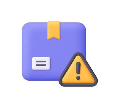 Purple cardboard package box and yellow warning triangle symbol with black exclamation mark. Shipping problems, delivery errors concept. 3d icon. Cartoon minimal style. vector
