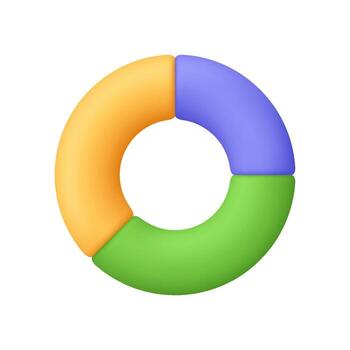 Circular chart diagram with three segments in yellow, green, purple. Presentation, infographic, analytics, statistics, data analysis and visualization concept. 3d icon. Cartoon minimal style. vector