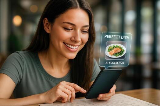 A Smiling Woman Using Her Smartphone to Receive AI Based Menu Suggestions at a Cafe, Featuring an Overlay Display of a Recommended Dish photo