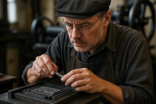 Craftsman Working Meticulously With Antique Letterpress Machine In A Workshop Setting, Showcasing Traditional Printing Techniques photo