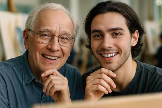 Two Artists Smiling and Posing Together in an Art Studio With Shallow Depth Of Field, Highlighting a Collaborative and Creative Atmosphere photo