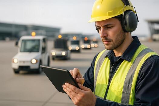 Airport Worker Inspects Automated Luggage Vehicles While Using a Tablet on the Tarmac, Wearing Safety Gear With Focused Expression photo