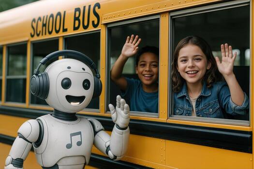 A Cheerful Robot Accompanies Smiling Students on a School Bus Journey, Enhancing the Learning Experience with Technology and Fun Interaction photo