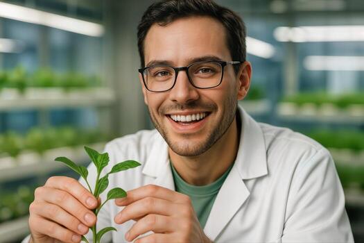 Botanist Smiling While Examining a Plant in a Modern Hydroponic Lab With Shallow Depth Of Field Focused on Greenery in the Background photo