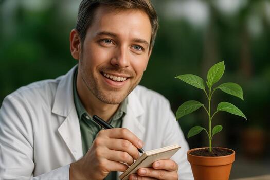 Botanist Taking Notes on Plant Growth Indoors, Smiling at a Young Plant With Shallow Depth Of Field, Highlighting Research and Observation photo