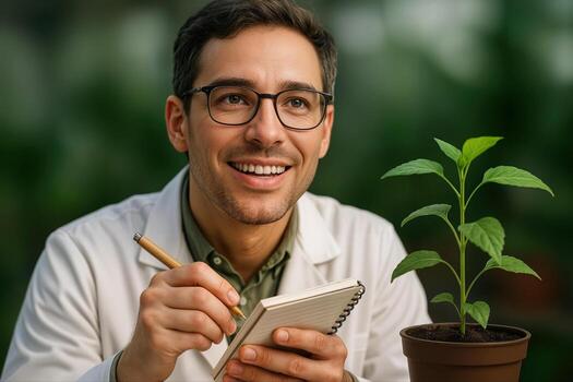 Smiling botanist taking notes while observing a young plant in a pot, wearing a lab coat indoors with blurred greenery in the background photo