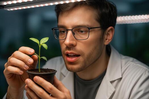 Botanist Examining a Seedling Under Artificial Light in a Laboratory Setting, Focusing on Plant Growth and Innovation with Shallow Depth of Field photo