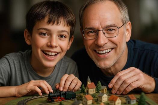 A joyful parent and child bond over a model train set indoors, showcasing a shared moment of play and learning with shallow depth of field photo