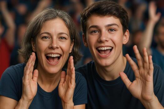 Mother and son energetically celebrating at an event with expressions of joy, depicting a moment of excitement and bonding photo