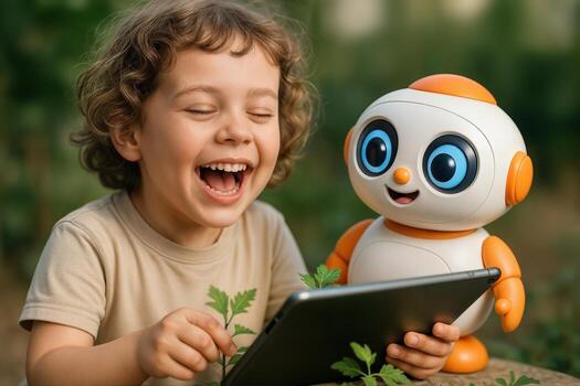 A Happy Child Interacts with a Friendly Robot Using a Tablet in a Nature Setting, Embracing Technology and Nature Together photo