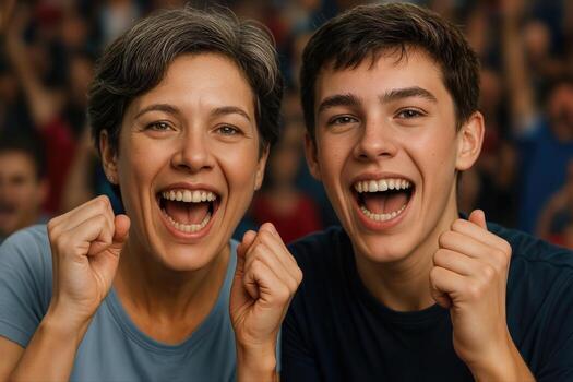 A Celebrating Mother and Son Cheer Together at an Event With a Crowd in the Background, Exhibiting Joy and Excitement in a Closeup Shot photo