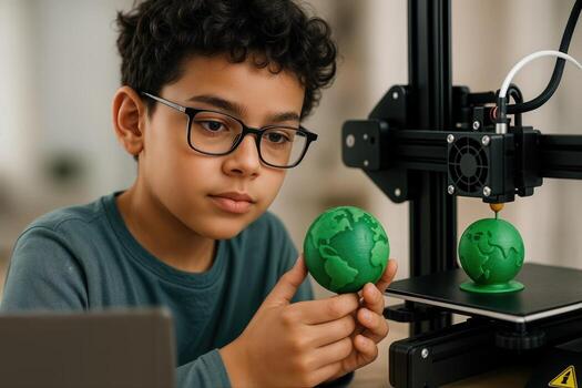 Young Innovator Examining a 3D Printed Globe Next to a Desktop 3D Printer in a Creative Workspace with Focus on Innovation photo
