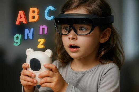 Child Wearing Augmented Reality Glasses Learning Alphabet With Toy In A Playful Setting, Focused On Educational Technology photo
