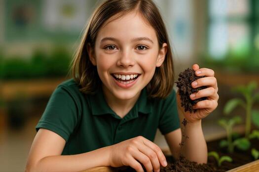 A Happy Student Enthusiastically Engaged in a Composting Activity in the Classroom With Plants in the Background, Capturing an Optimistic Learning Environment photo