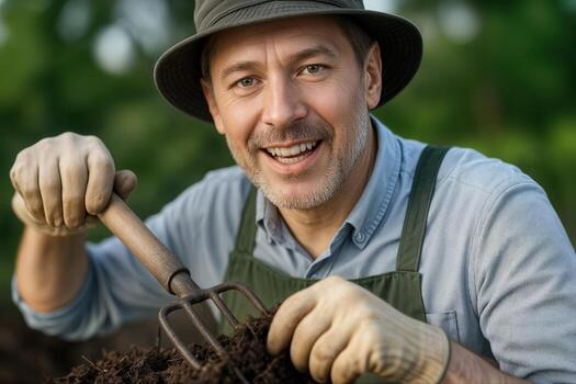 A Smiling Gardener Engages in Composting Outdoors, Holding a Pitchfork with Soil and Plants Around, Showcasing an Eco friendly Practice photo