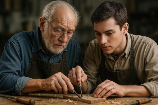 An experienced craftsman teaching an apprentice woodworking techniques in a workshop setting, focusing on detailed craftsmanship with a hands on approach photo