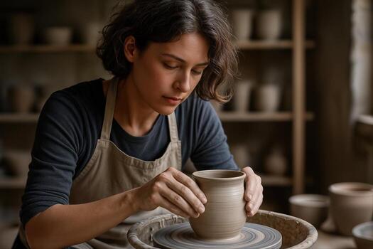 enfocado artesano elaboración un arcilla maceta en un acogedor taller configuración, bañado en natural ligero con superficial profundidad de campo efecto foto