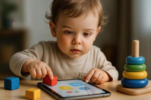 Curious Toddler Interacting with Tablet at Home with Toys Nearby, Showcasing Early Learning and Playful Exploration Indoors photo