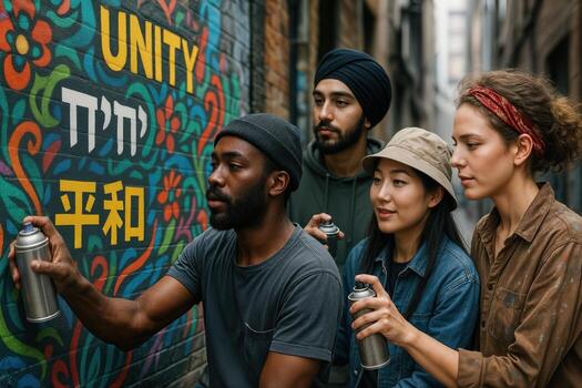 A group of diverse people collaboratively painting a vibrant mural featuring the word 'Unity' in various languages on a brick wall in an urban setting photo