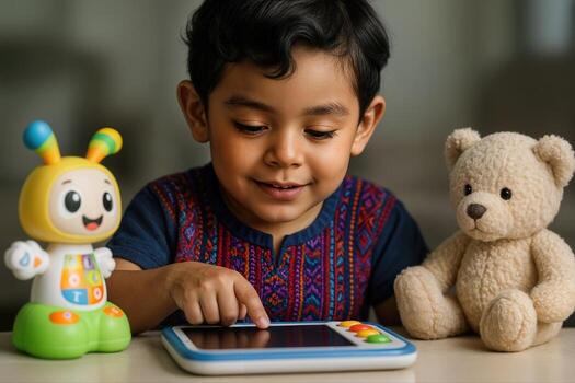 Child Engaging with an Educational Tablet Between Toys on a Table, Smiling with Curiosity Indoors, Captured in Warm Lighting photo
