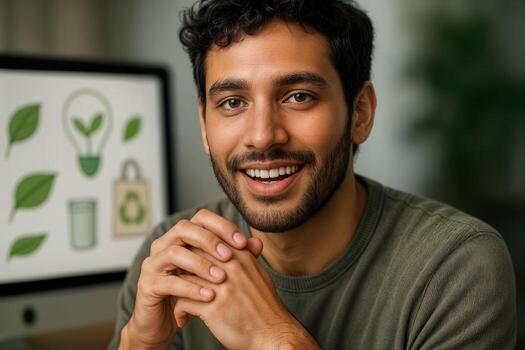 Smiling man in casual attire with eco friendly symbols on computer screen in the background, suggesting sustainable product design focus indoors photo