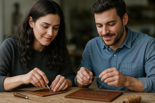 Two people engrossed in a hands on crafting activity with leatherwork tools at a workshop table, focused on creating a personalized item photo