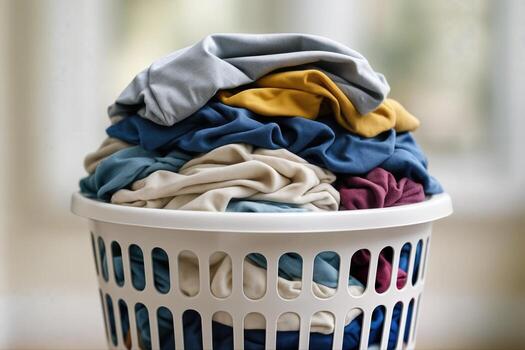 desbordante lavandería cesta lleno con clasificado ropa en un casa ajuste con superficial profundidad de campo atención en el cesta foto