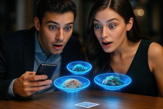 un Pareja comprometido en un futurista comida experiencia con holográfico comida monitor a un restaurante mesa, capturar el escena con un teléfono inteligente foto