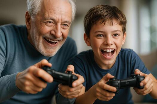 A joyful older man and a young boy enjoying a game together, highlighting a generational bond through modern gaming photo
