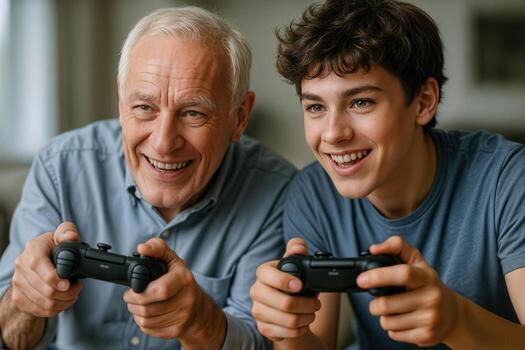 Elderly man and young man bonding over games with controllers in hand, enjoying a gaming session at home with joyful expressions photo