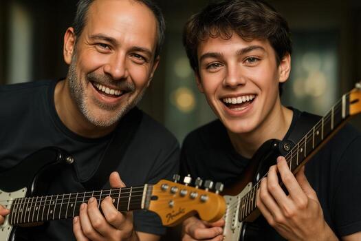 Two People Sharing a Joyful Moment Playing Guitars in a Home Setting With Shallow Depth Of Field, Highlighting a Generational Bond Through Music photo