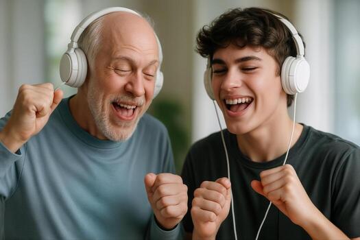 Two People Enjoying Music With Headphones, Showcasing Generational Bond Through Dance And Joyful Expression Indoors With Shallow Depth Of Field photo