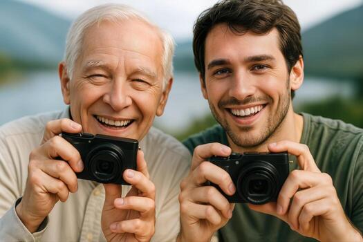 Two people of different generations joyfully holding cameras outdoors, symbolizing connection through photography in a natural setting photo