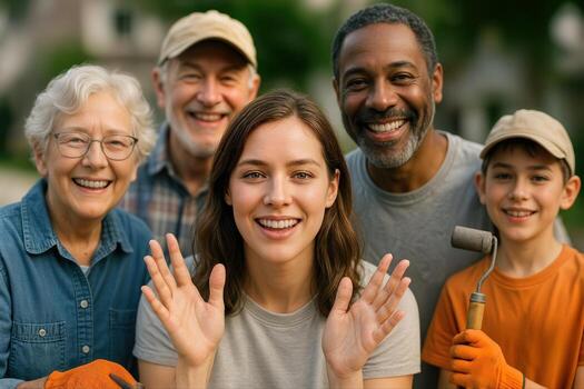 A diverse group of people from different generations happily working together outdoors, showcasing community spirit and teamwork in a park setting photo