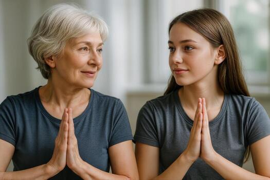 Two Women Of Different Generations Practice Yoga Together Indoors, Engaging In Mindful Exercise And Connection With Each Other photo