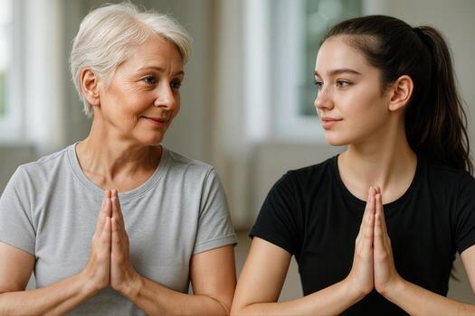Two Women From Different Generations Practicing Yoga Together Indoors, Demonstrating Unity And Mindfulness In A Peaceful Setting photo