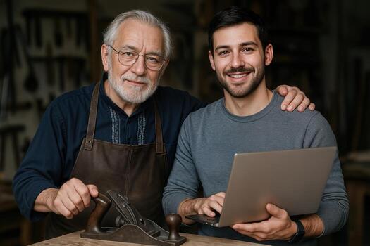 Two Men in a Workshop Smiling with Carpentry Tools and a Laptop, Depicting a Blend of Traditional Craft and Modern Technology photo