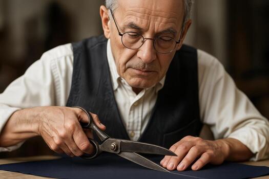 Elderly Tailor Engaging in Traditional Sewing Techniques, Demonstrating Craftsmanship with Fabric and Scissors in a Workshop Setting photo