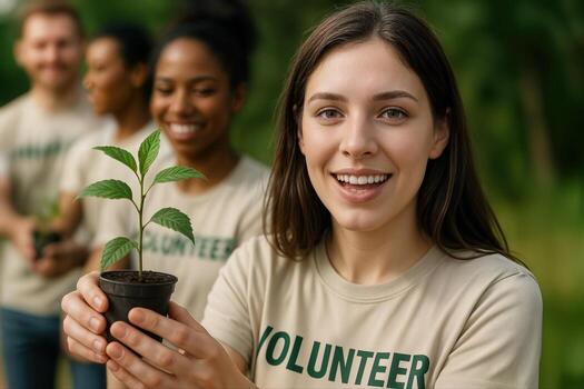 un grupo de voluntarios sonriente mientras participación plántulas durante un árbol plantando evento en un parque, exhibiendo comunidad intervención y ambiental cuidado foto