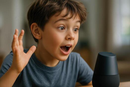 A young child engaging with a smart speaker, showcasing imaginative interaction in a home setting with shallow depth of field photo
