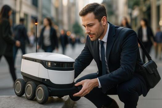 A Professional Interacts with a Small Delivery Robot in a Busy City Street, Highlighting Human Robot Collaboration in Modern Urban Environments photo