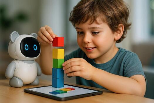 Child Engages in Interactive Building Activity with Colorful Blocks and a Tablet, Accompanied by a Toy Robot in a Home Setting photo