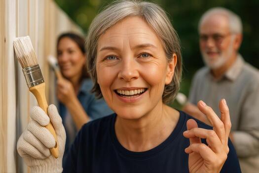 A Group of People from Different Generations Enjoy Painting a Fence Together Outdoors, Highlighting Teamwork and Collaboration in a Sunny Environment photo