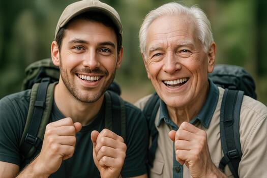 Two cheerful hikers, from different generations, smiling together in a lush outdoor setting during a hike, showcasing family bonding and adventure photo