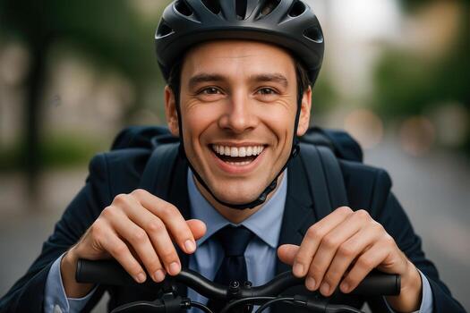 A Joyful Man Commuting on a Bicycle in the City, Wearing a Helmet and Formal Attire, Smiling Towards the Camera With Shallow Depth Of Field photo