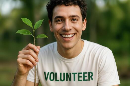 Smiling volunteer holding a young plant during a joyful tree planting event, outdoors with a natural background, showcasing commitment to environmental conservation photo