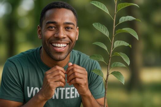 alegre voluntario plantando un joven árbol al aire libre con superficial profundidad de campo en un comunidad evento configuración, sonriente con entusiasmo foto