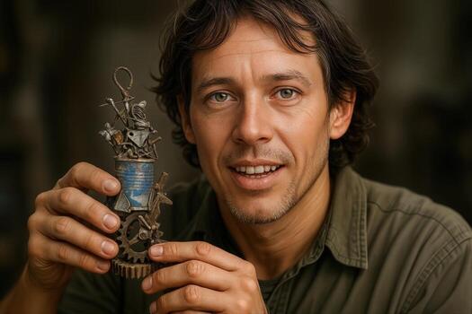 Artist Holding Handmade Junk Sculpture While Smiling in an Indoor Workshop Setting with Shallow Depth Of Field Focus on the Sculpture photo